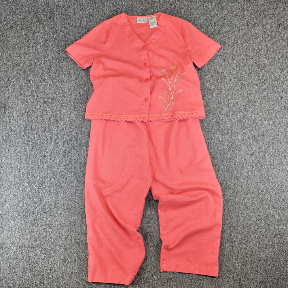 Kathie Lee Vintage 2pc Pant Set Women Large Coral Linen Rayon Floral Embroidered